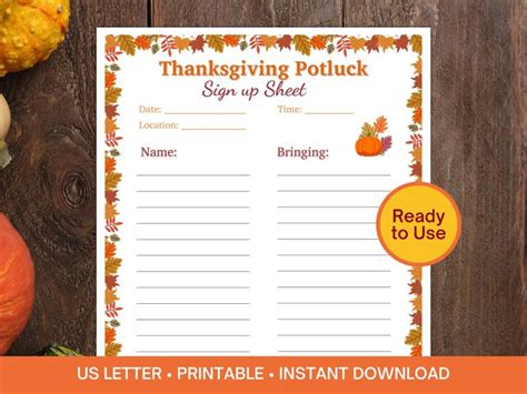Thanksgiving Potluck Sign Up Sheet Printable Food Sign Up Etsy Canada