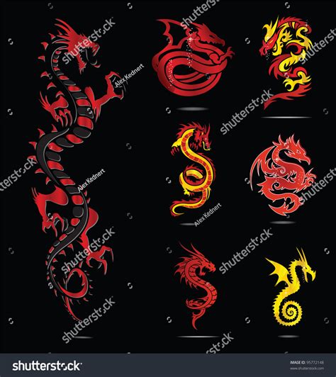 Vektor Stok Asia Colored Dragons Symbols Set Tanpa Royalti 95772148