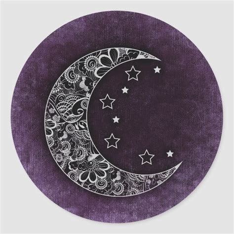 Golden Floral Crescent Moon And Stars On Purple Classic Round Sticker