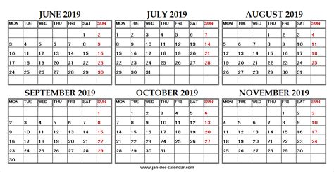 June July August September October November 2019 Calendar 2019