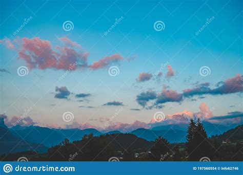 Colorful Sunset Views Of The Mont Blanc Mountain Glacier Stock Photo