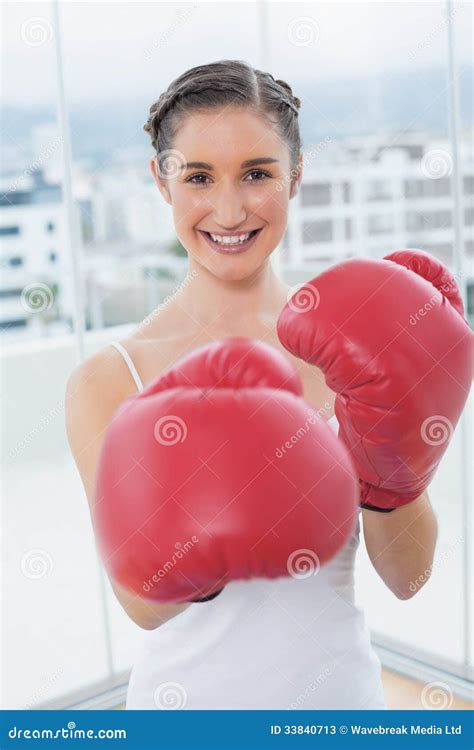 Cheerful Sporty Brunette Wearing Red Boxing Gloves Stock Image Image