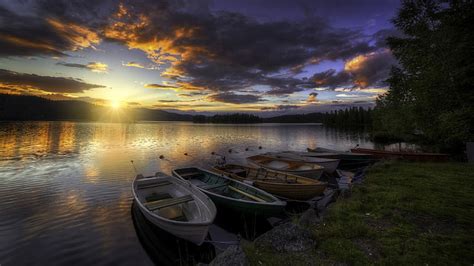 Hd Wallpaper The Sky Sunset Lake Boats Norway Ringerike Ole