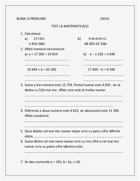 Fise De Lucru Scolari I Iv Test La Matematica Clasa A
