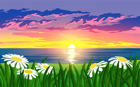 Beautiful Flowers At Sunset Over Ocean 1308862 Vector Art At Vecteezy