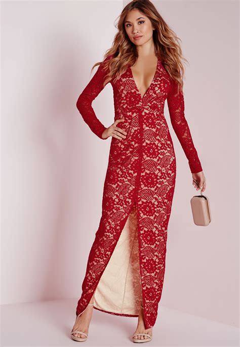 Missguided Lace Long Sleeve Maxi Dress Red In Red Lyst