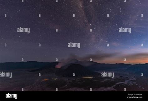 Night Sky With Stars Smoking Volcano Mount Gunung Bromo Mount Batok