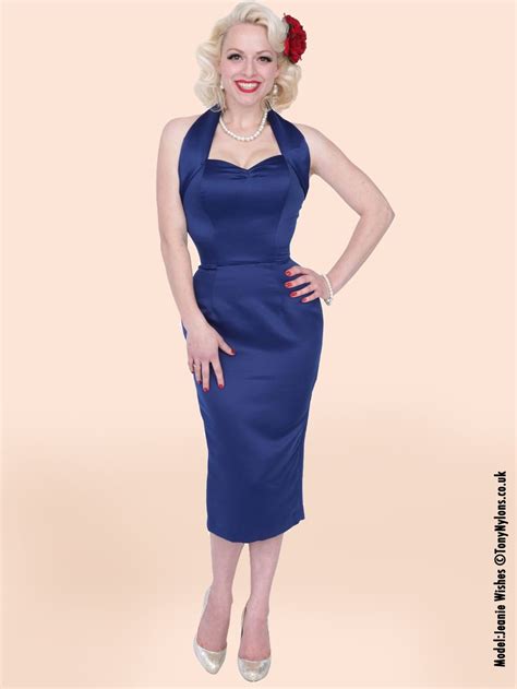 1950s Halterneck Pencil Blueberry Duchess Dress From Vivien Of Holloway