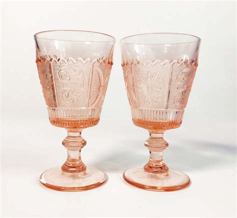 Blush Pink Wine Glasses Goblets Set Of 2 Panel Design Vintage Depression Glass Antique