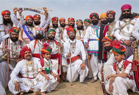 Indian Rajasthani Men With Long Mustaches In National Clothes During Camel Festival In Rajasthan