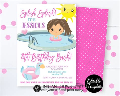 splish splash birthday bash pool party invitation girl swimming birthday invitation printable