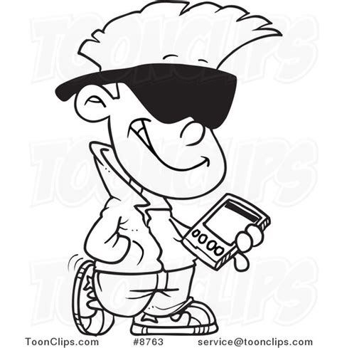 Cartoon Black And White Line Drawing Of A Cool Kid