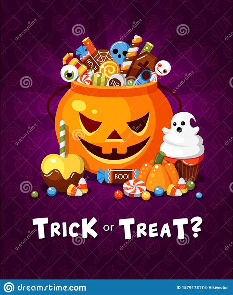 Halloween Trick Or Treat Party Poster Flat Vector Template Stock Vector