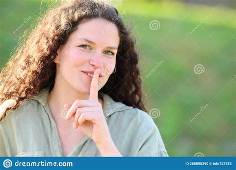 Happy Woman Asking For Silence Outside Stock Photo Image Of Female