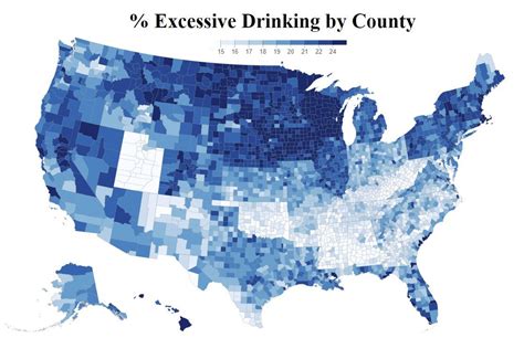 map shows which counties are home to the highest number of excessive drinkers in the united states