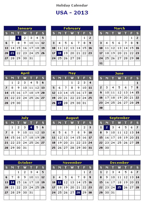 Usa 2013 Printable Holiday Calendar Printable Hub