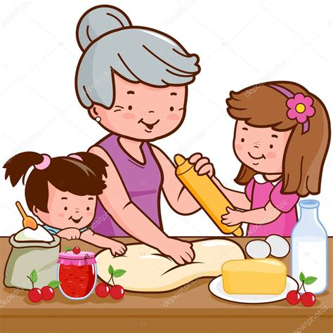 Abuela E Hijos Cocinando En La Cocina