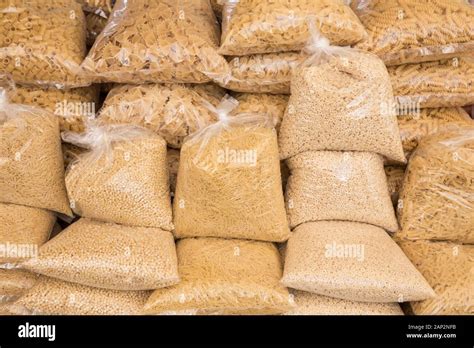 Closeup Variety Of Pastas In Transparent Bags In A Store Stock Photo