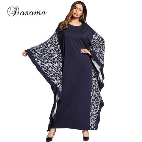 Muslim Women Print Dress Cotton Maxi Abaya Bat Sleeve Plus Size Long