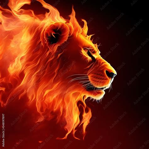 Fire Lion Digital Drawing Of A Fiery Lion On A Dark Red Background