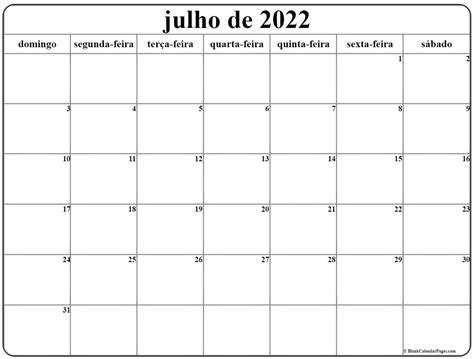 Julho De 2022 Calendario Grátis Em Português Calendario Julho