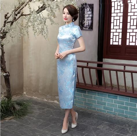buy stylish light blue chinese women traditional qipao dress silk satin long