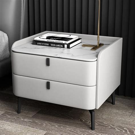 White Modern Luxury 2 Drawers Bedroom Nightstand Stone Bedside Table