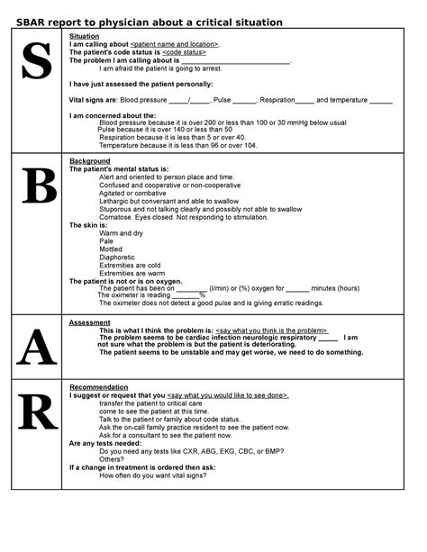 SBAR Communication Tool SBAR Report To Physician About A Critical Situation S Situation I Am