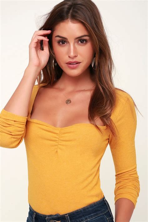 Cute Mustard Yellow Top Long Sleeve Top Crop Top Knit Top Lulus
