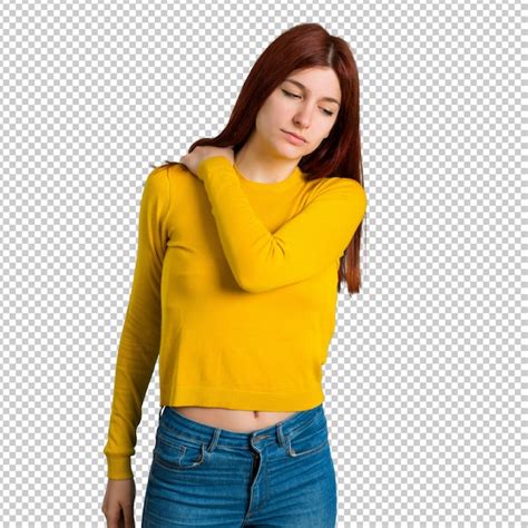 Premium Psd Young Redhead Girl With Yellow Sweater Suffering From