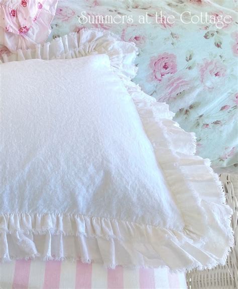 White Linen Cotton Layered Ruffled Pillow Shams Shabby Cottage Chic