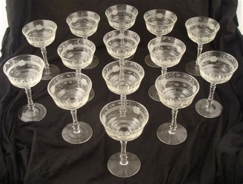 14 Crystal Etched Glass Vintage Champagne Glasses