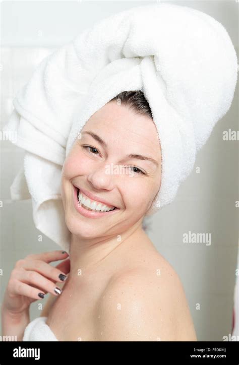 Shower Woman Happy Smiling Woman Washing Shoulder Showering In Stock