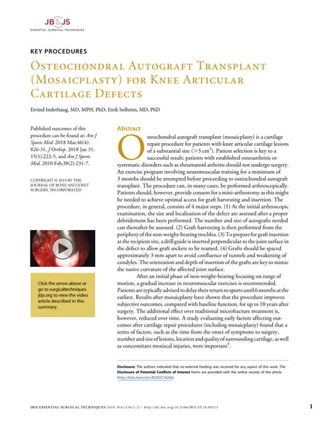 Pdf Osteochondral Autograft Transplant Mosaicplasty For Knee