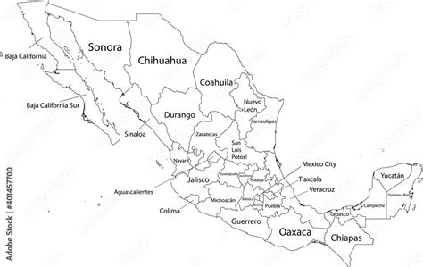 White Vector Map Of United Mexican States With Black Borders And Names