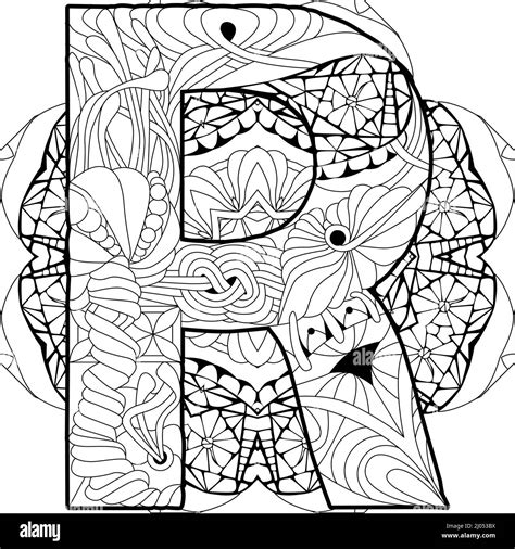 Zentangle Stylized Alphabet Letter R On Mandala For Coloring Vector