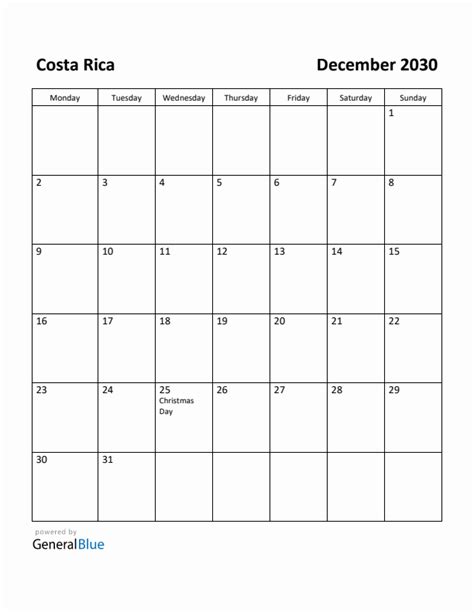 Free Printable December 2030 Calendar For Costa Rica