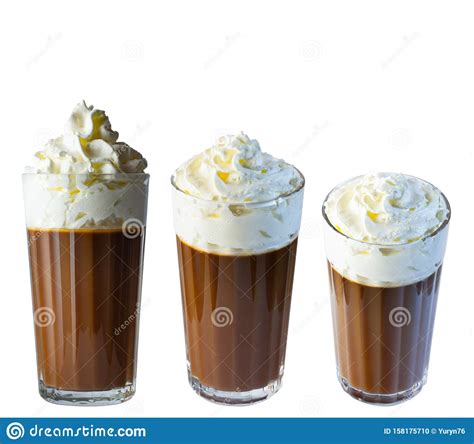 Cappuccino Coffee With Whipped Cream In A Tall Glass Isolate On A