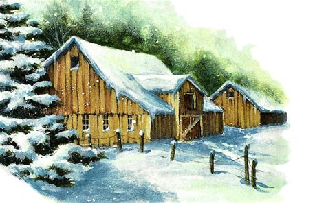 Winter Farm Painting Snow Scenery Art Barn Landscape Artwork Wide