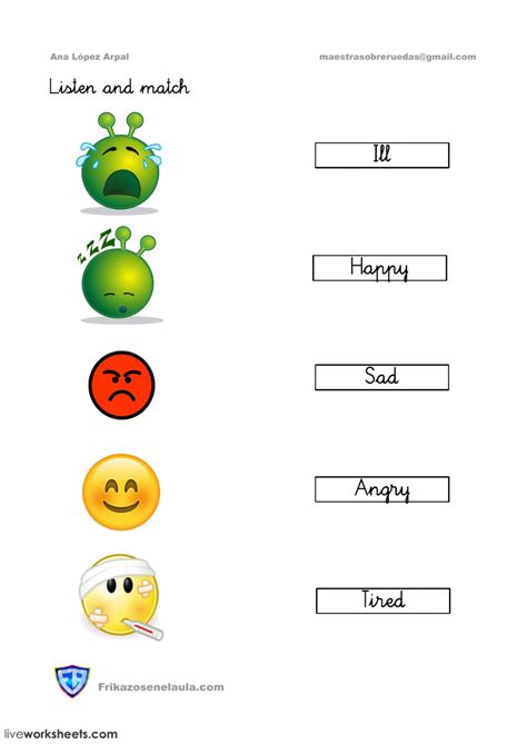 Math, language arts and other activities, including letters use these free worksheets to learn letters, sounds, words, reading, writing, numbers, colors. Feelings listen and match - Interactive worksheet