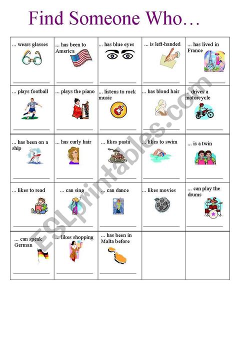 Find Someone Whowith Pictures Esl Worksheet By Loveheart