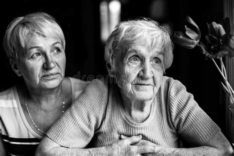 An Old Granny With Her Adult Daughter Black And White Photography Stock Image Image Of
