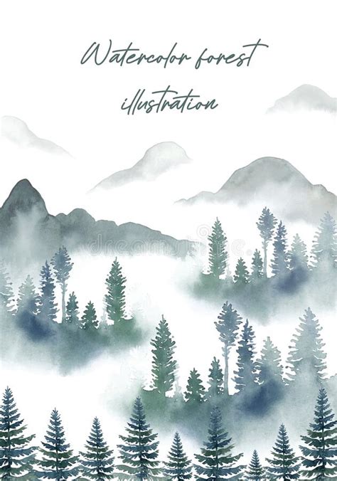 Watercolor Foggy Forest In Mountains Illustration Stock Vector