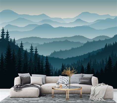 Blue Mountain Ombre Wallpaper Removable Wall Mural Woodland Etsy