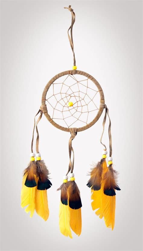 4 1 2″ diameter yellow feather leather and bead dreamcatcher