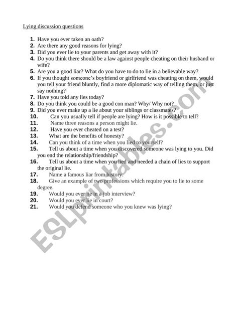 Lying Discussion Questions Esl Worksheet By Sarahkass