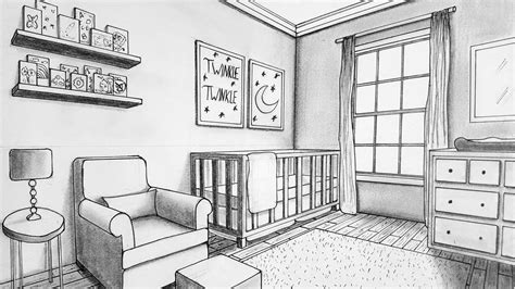 Label two vanishing points (vp) on your horizon line. Drawing in Two Point Perspective| Nursery Room | Timelapse ...