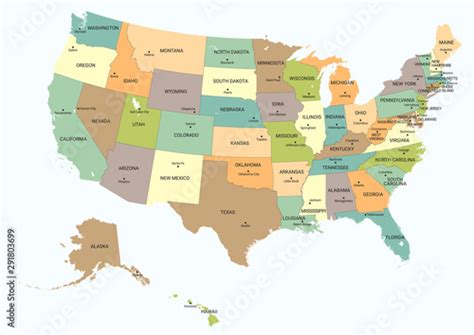 Fototapete Usa Political Map Color Vector Map With State Borders And