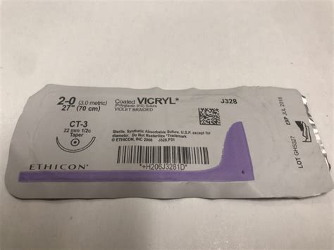 Ethicon J328 Vicryl Coated Suture Violet Braided 2 0 27″ Ct 3 22mm