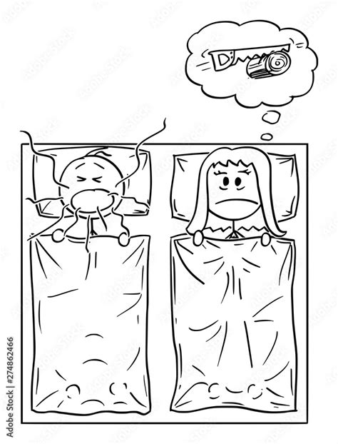 vector cartoon stick figure drawing conceptual illustration of couple in bed in bedroom man is